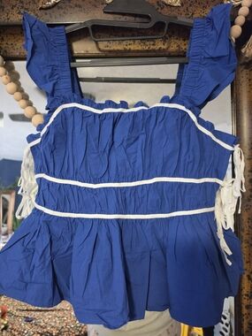 Amazon Royal Blue Ruffled Tank Top with White Trim